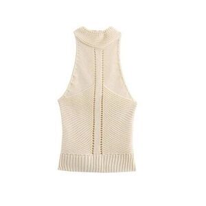 Zara Halter Knit Top Sz Med Beige Neutral Button Closure Open Back NWT Spring